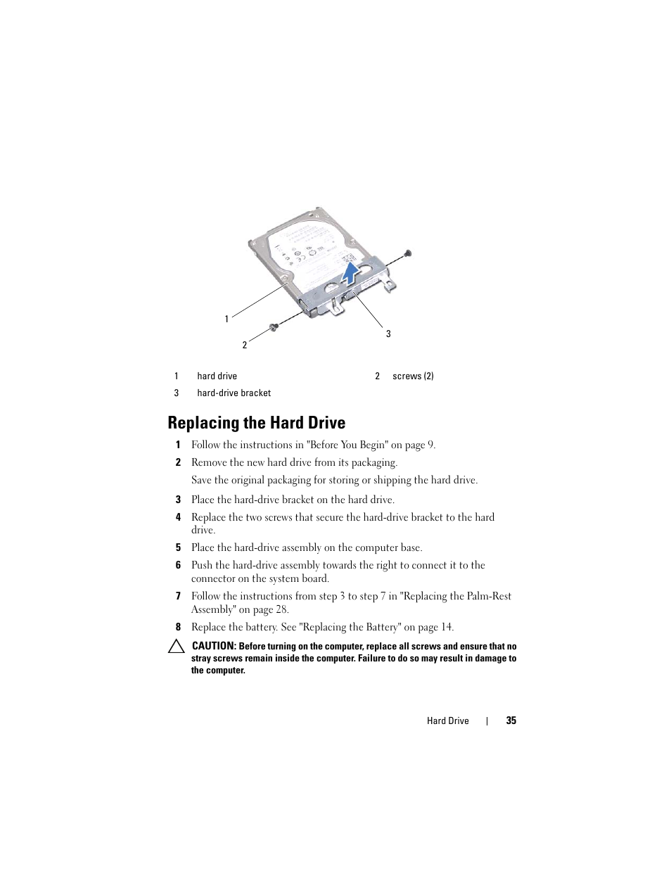 Replacing the hard drive, 2 remove the new hard drive from its packaging, 3 place the hard-drive bracket on the hard drive | Dell Inspiron 14 (3420, Mid 2012) User Manual | Page 35 / 78