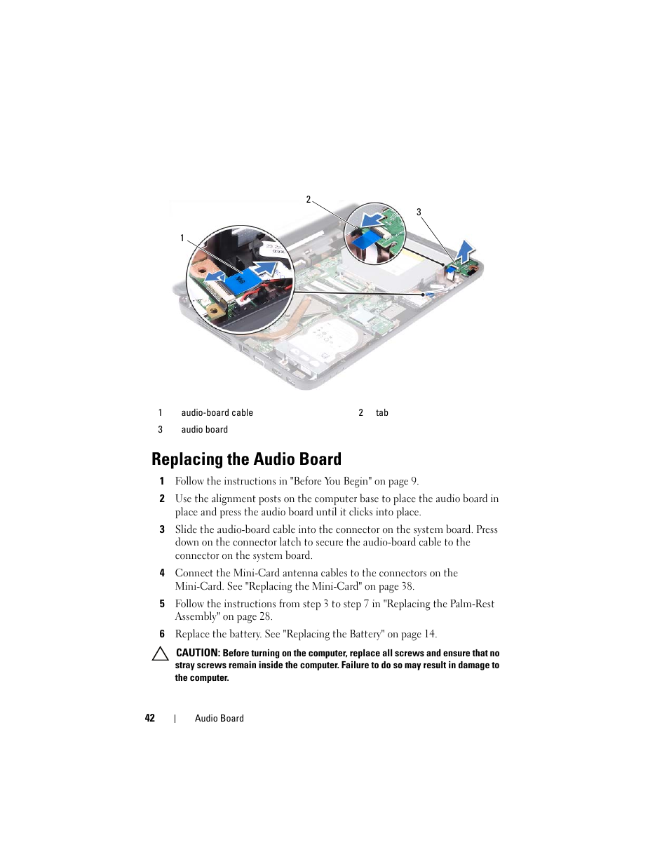 Replacing the audio board | Dell Inspiron 14 (3420, Mid 2012) User Manual | Page 42 / 78