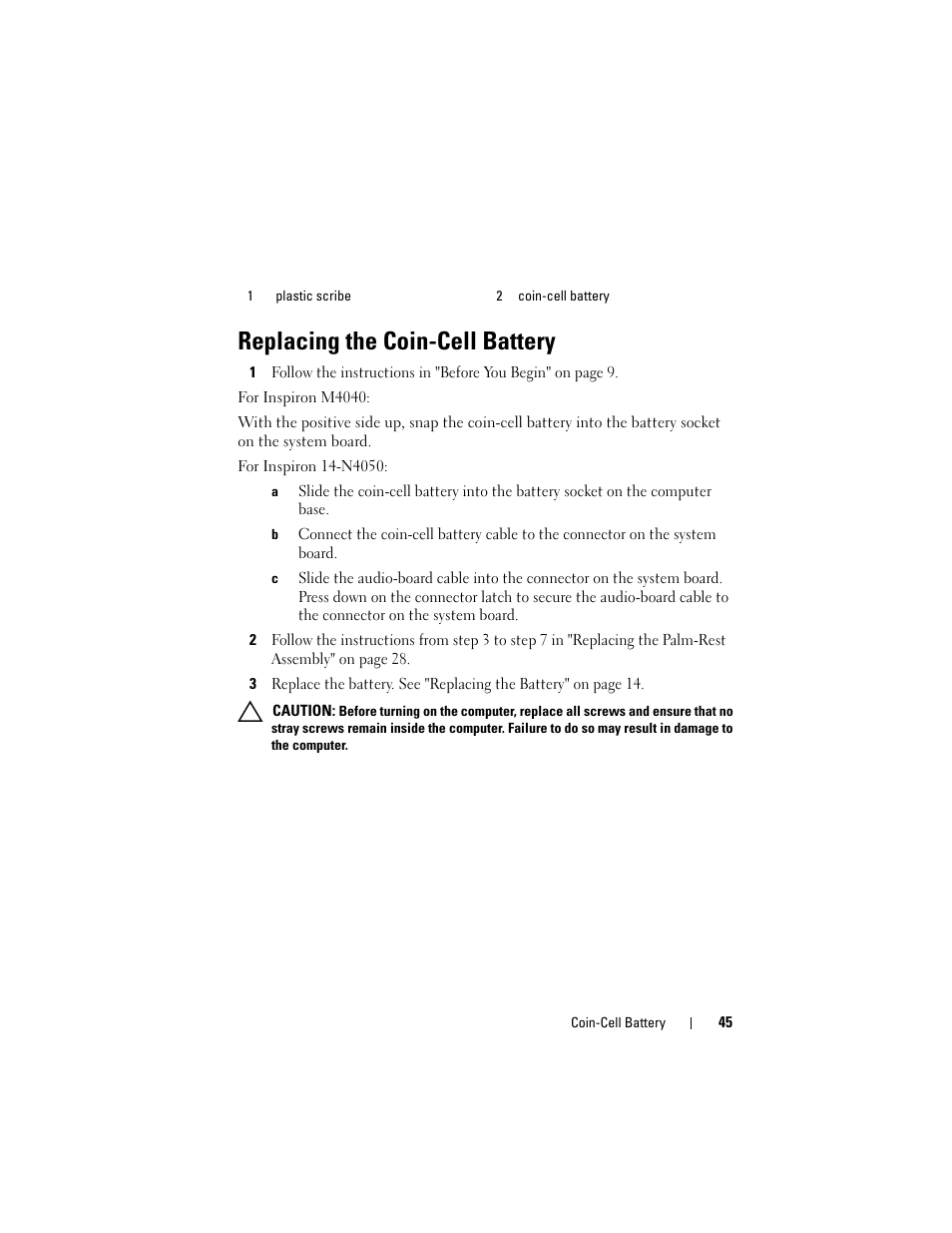 Replacing the coin-cell battery | Dell Inspiron 14 (3420, Mid 2012) User Manual | Page 45 / 78