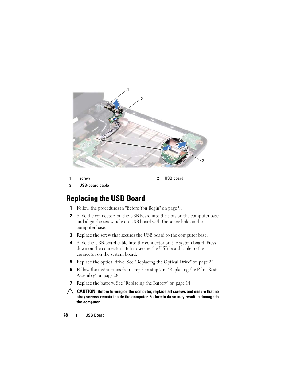 Replacing the usb board | Dell Inspiron 14 (3420, Mid 2012) User Manual | Page 48 / 78