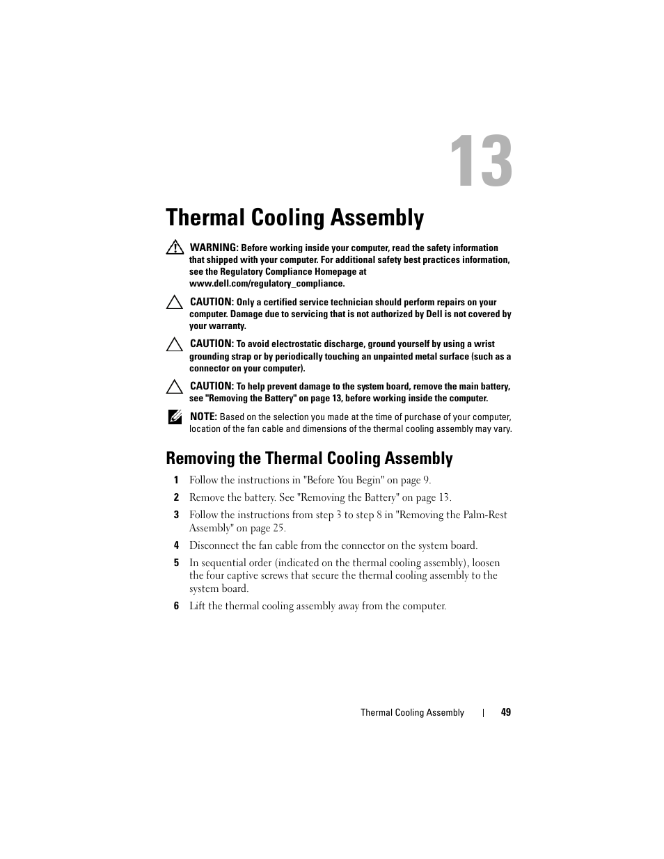 Thermal cooling assembly, Removing the thermal cooling assembly | Dell Inspiron 14 (3420, Mid 2012) User Manual | Page 49 / 78