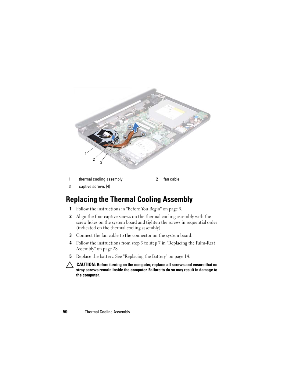 Replacing the thermal cooling assembly | Dell Inspiron 14 (3420, Mid 2012) User Manual | Page 50 / 78