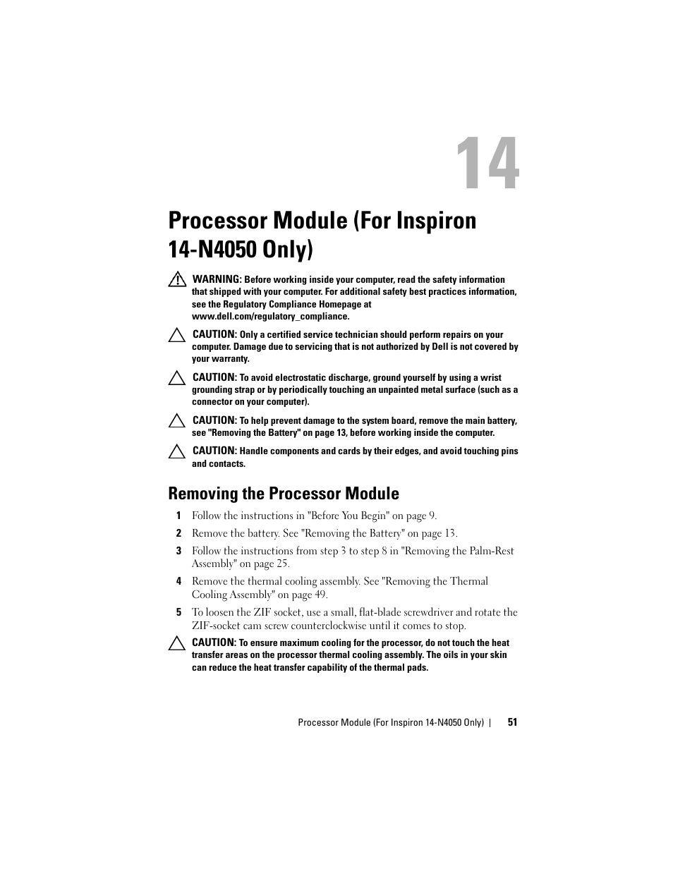 Processor module (for inspiron 14-n4050 only), Removing the processor module, Processor module | For inspiron 14-n4050 only) | Dell Inspiron 14 (3420, Mid 2012) User Manual | Page 51 / 78