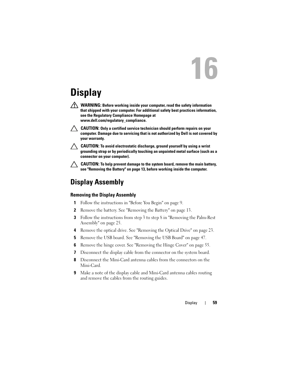 Display, Display assembly, Removing the display assembly | Dell Inspiron 14 (3420, Mid 2012) User Manual | Page 59 / 78