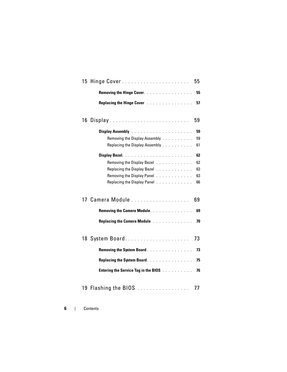 15 hinge cover, 16 display, 17 camera module | 18 system board, 19 flashing the bios | Dell Inspiron 14 (3420, Mid 2012) User Manual | Page 6 / 78