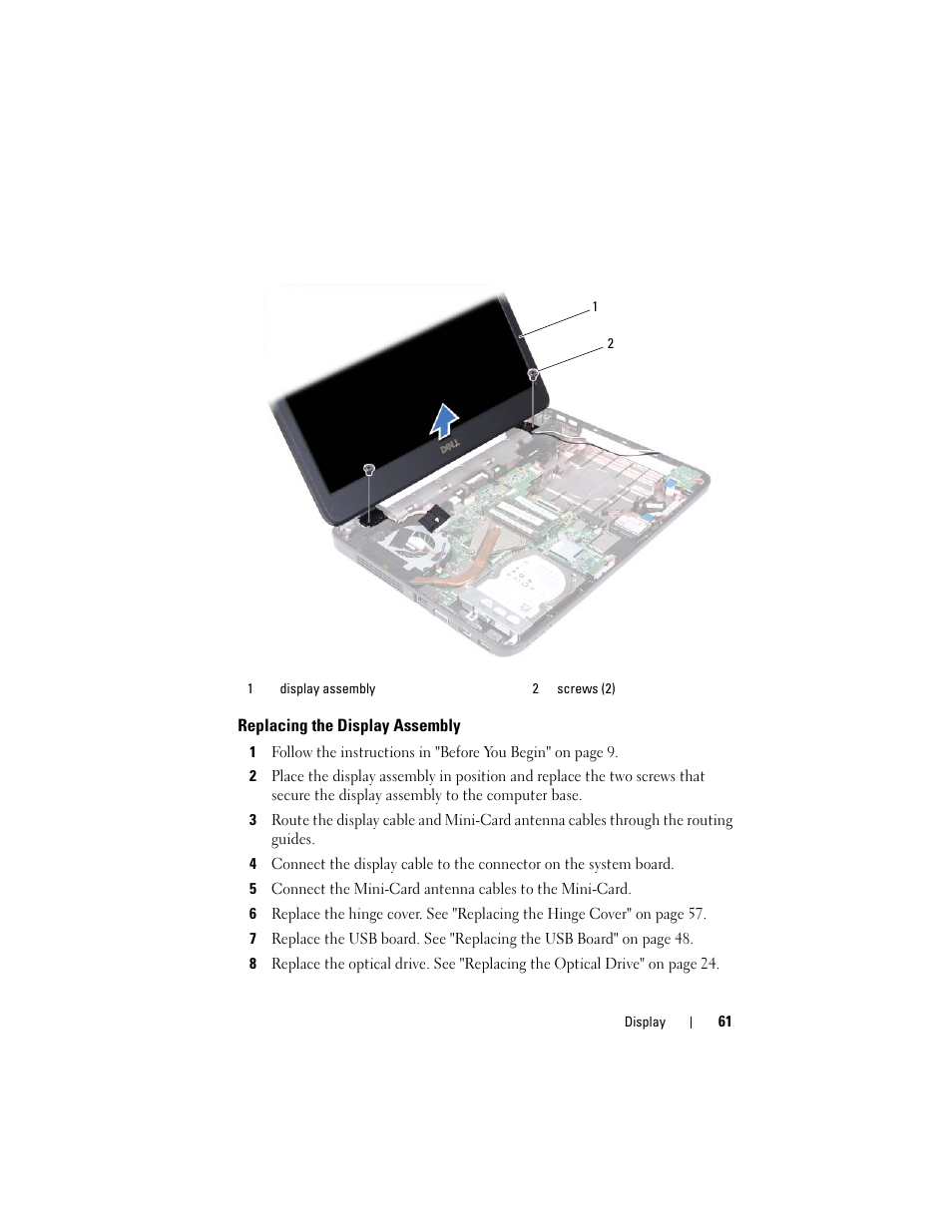 Replacing the display assembly | Dell Inspiron 14 (3420, Mid 2012) User Manual | Page 61 / 78