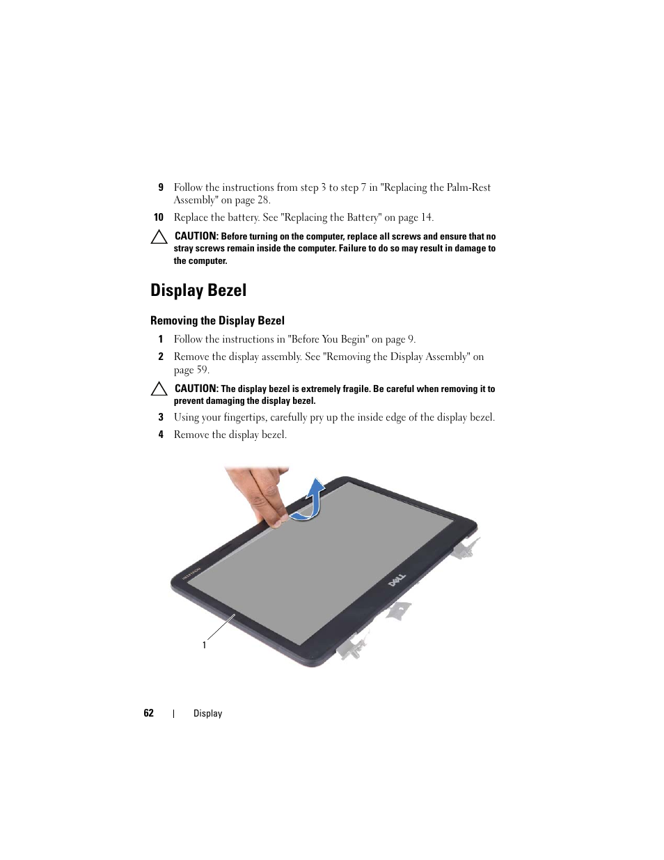 Display bezel, Removing the display bezel, 4 remove the display bezel | Dell Inspiron 14 (3420, Mid 2012) User Manual | Page 62 / 78