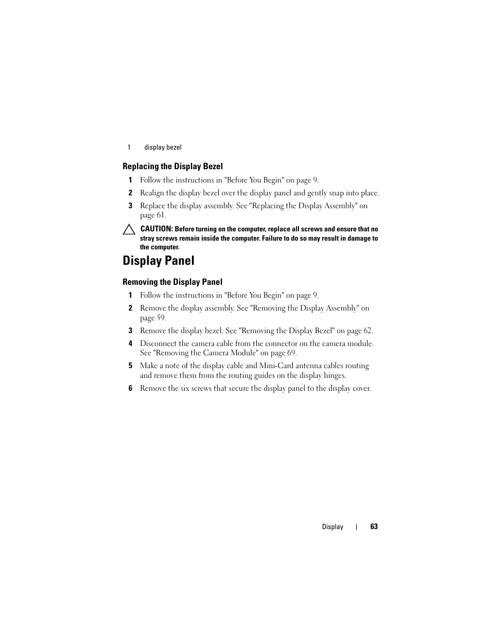 Replacing the display bezel, Removing the display panel, Display panel | Dell Inspiron 14 (3420, Mid 2012) User Manual | Page 63 / 78