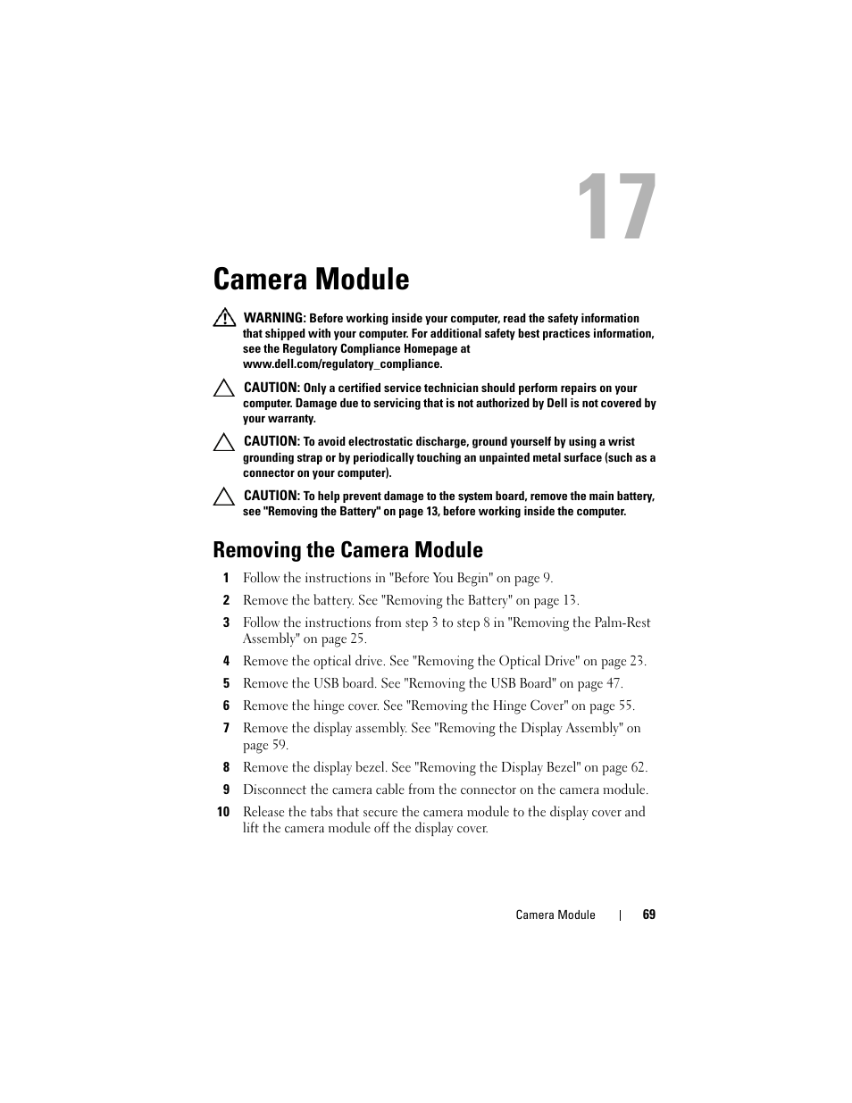 Camera module, Removing the camera module | Dell Inspiron 14 (3420, Mid 2012) User Manual | Page 69 / 78