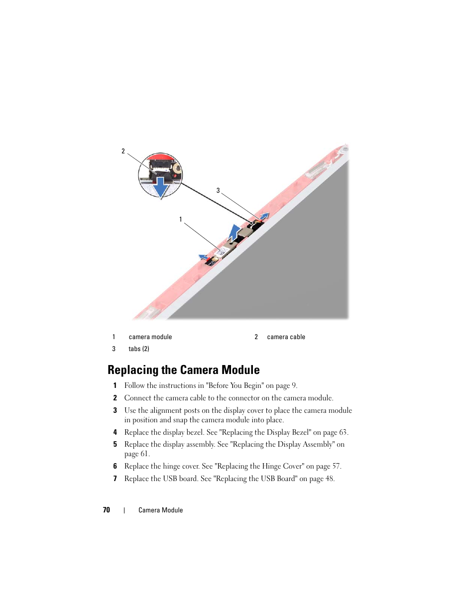 Replacing the camera module | Dell Inspiron 14 (3420, Mid 2012) User Manual | Page 70 / 78