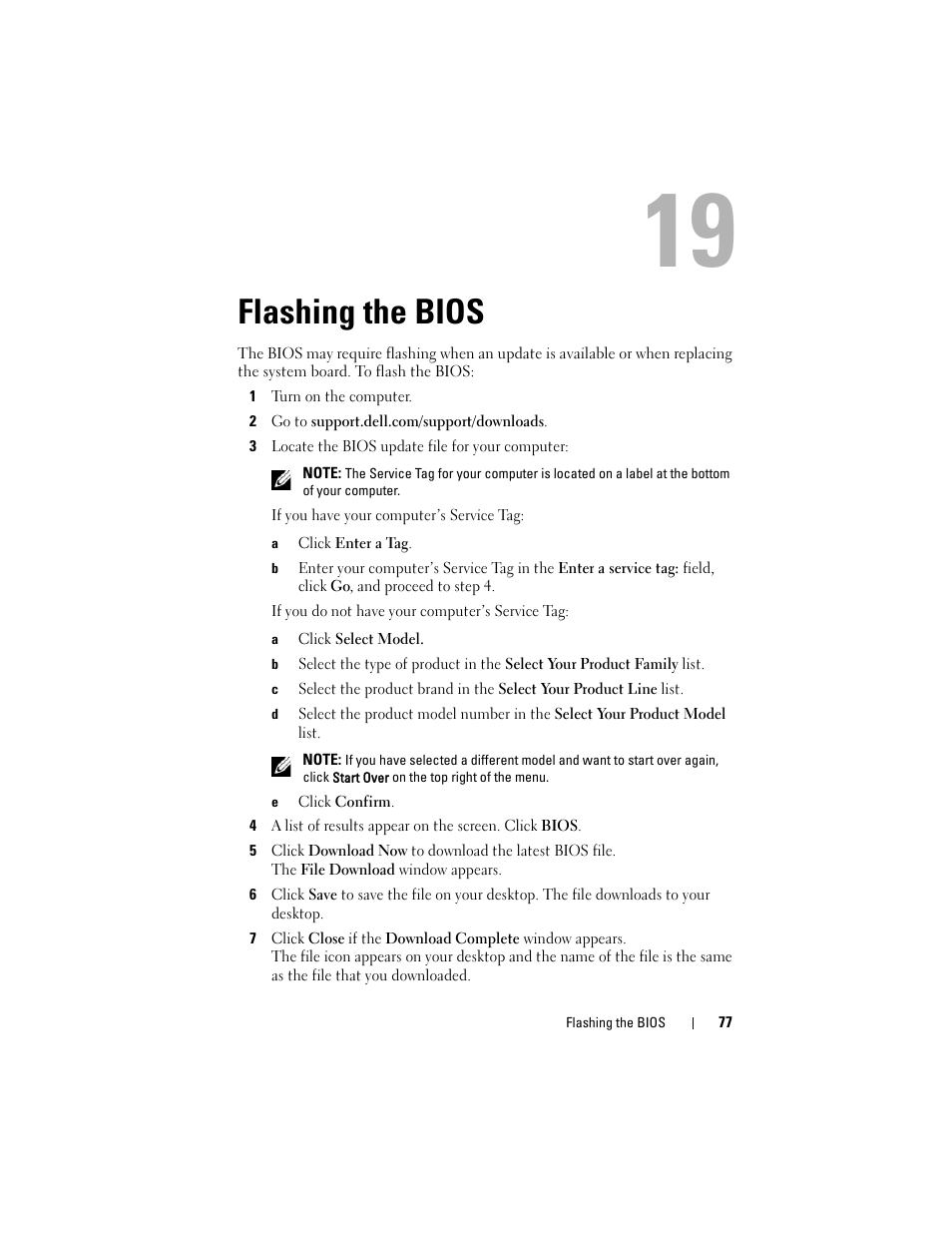 Flashing the bios, 1 turn on the computer, 2 go to support.dell.com/support/downloads | 3 locate the bios update file for your computer, A click enter a tag, A click select model, E click confirm | Dell Inspiron 14 (3420, Mid 2012) User Manual | Page 77 / 78