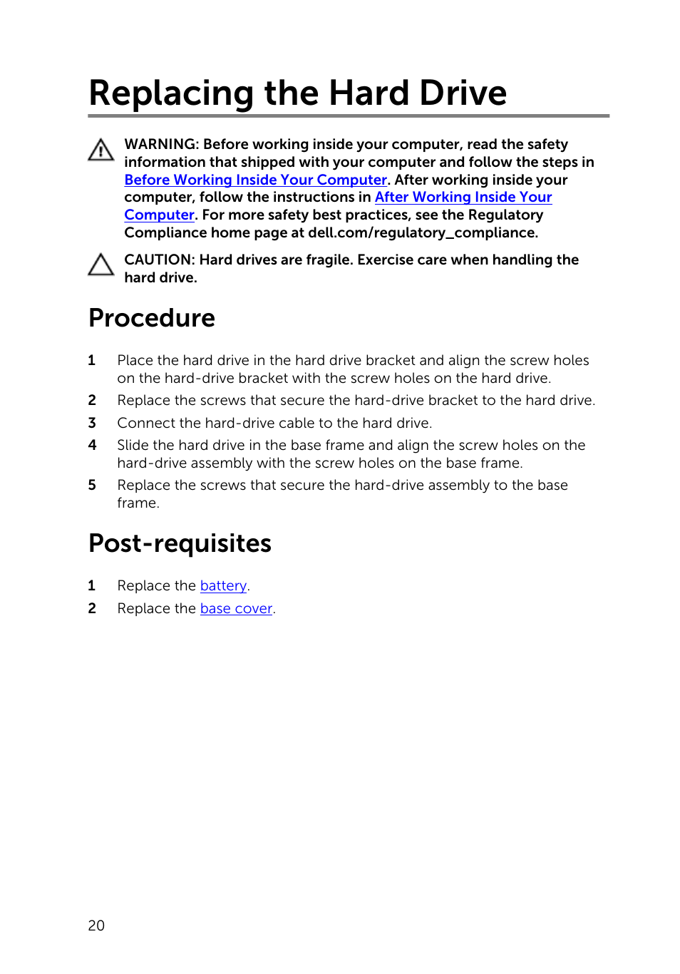 Replacing the hard drive, Procedure, Post-requisites | Dell Inspiron 15 (5547, Early 2014) User Manual | Page 20 / 89