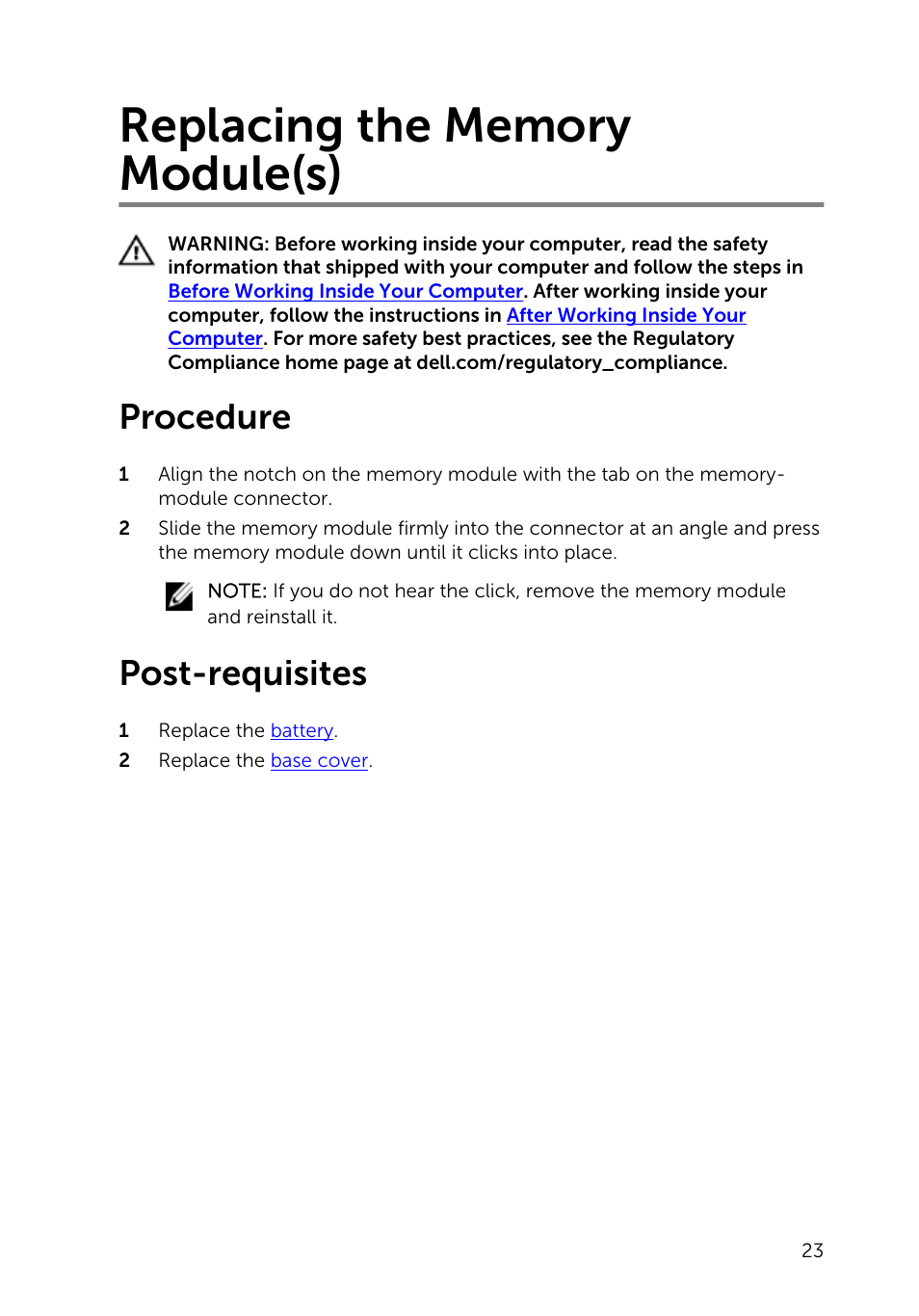 Replacing the memory module(s), Procedure, Post-requisites | Dell Inspiron 15 (5547, Early 2014) User Manual | Page 23 / 89