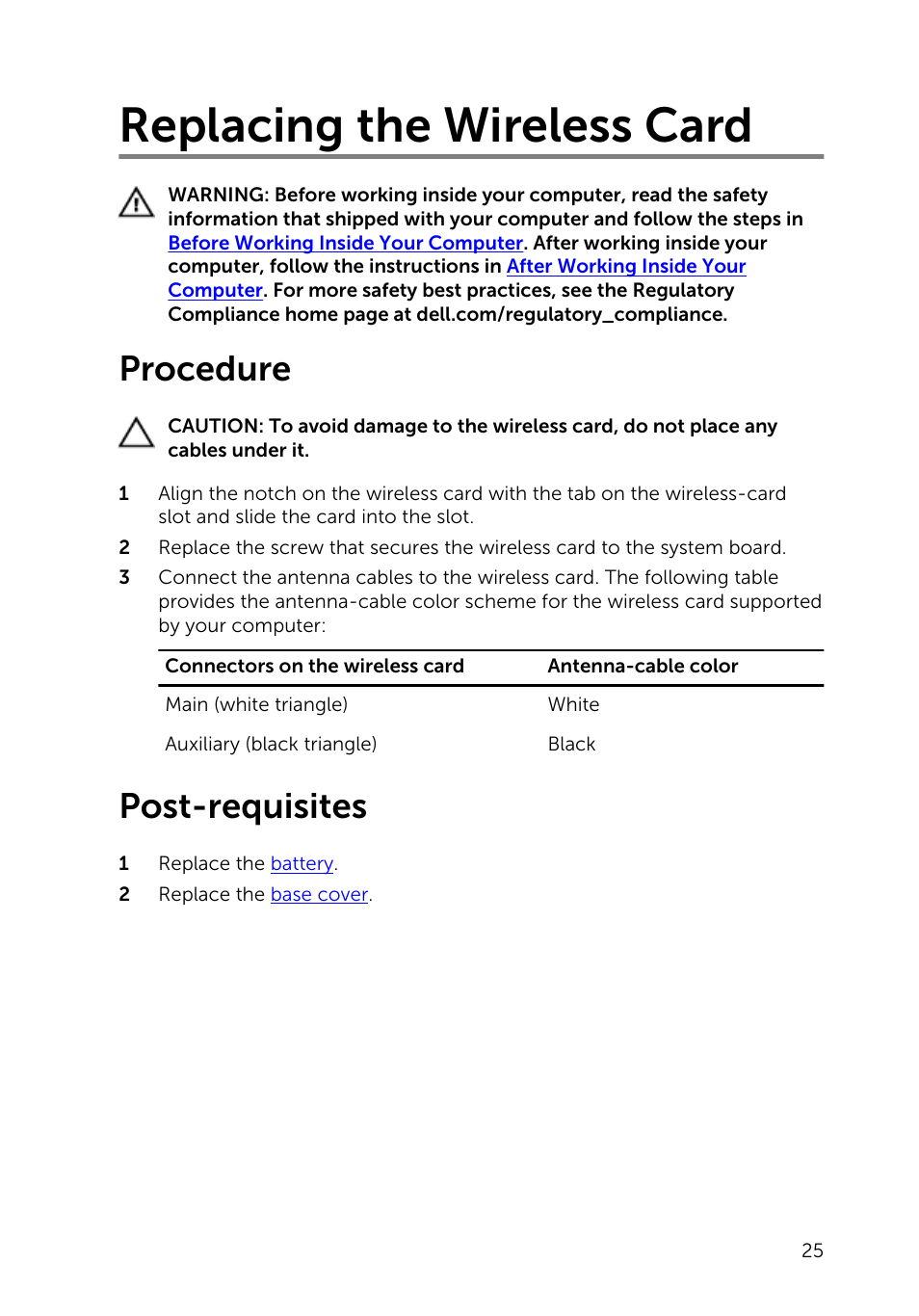 Replacing the wireless card, Procedure, Post-requisites | Dell Inspiron 15 (5547, Early 2014) User Manual | Page 25 / 89