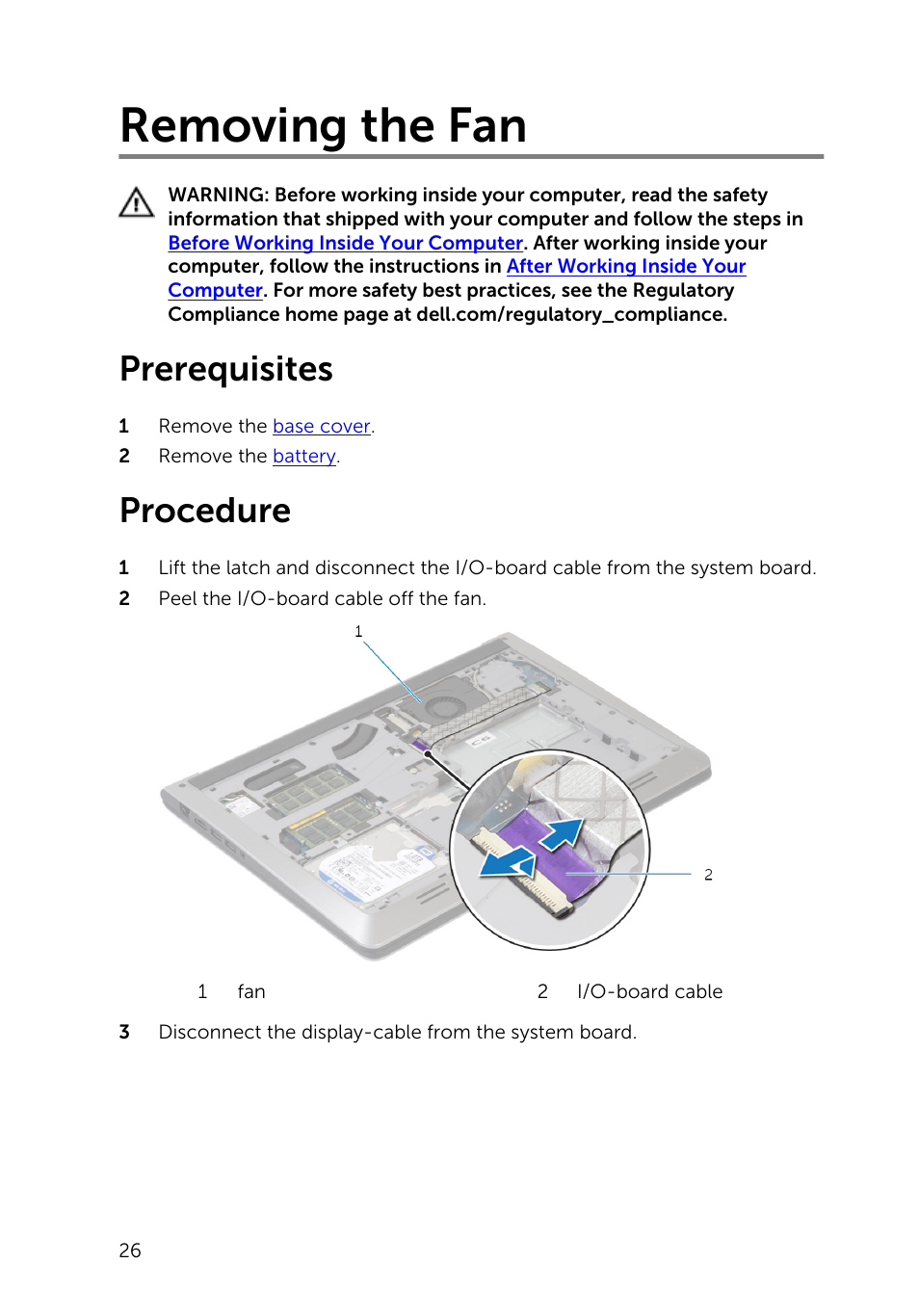 Removing the fan, Prerequisites, Procedure | Dell Inspiron 15 (5547, Early 2014) User Manual | Page 26 / 89