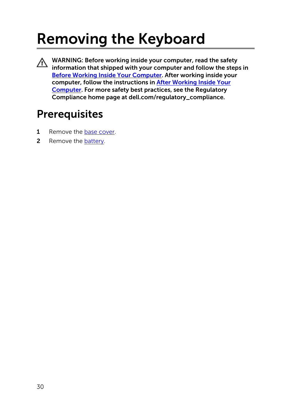 Removing the keyboard, Prerequisites | Dell Inspiron 15 (5547, Early 2014) User Manual | Page 30 / 89
