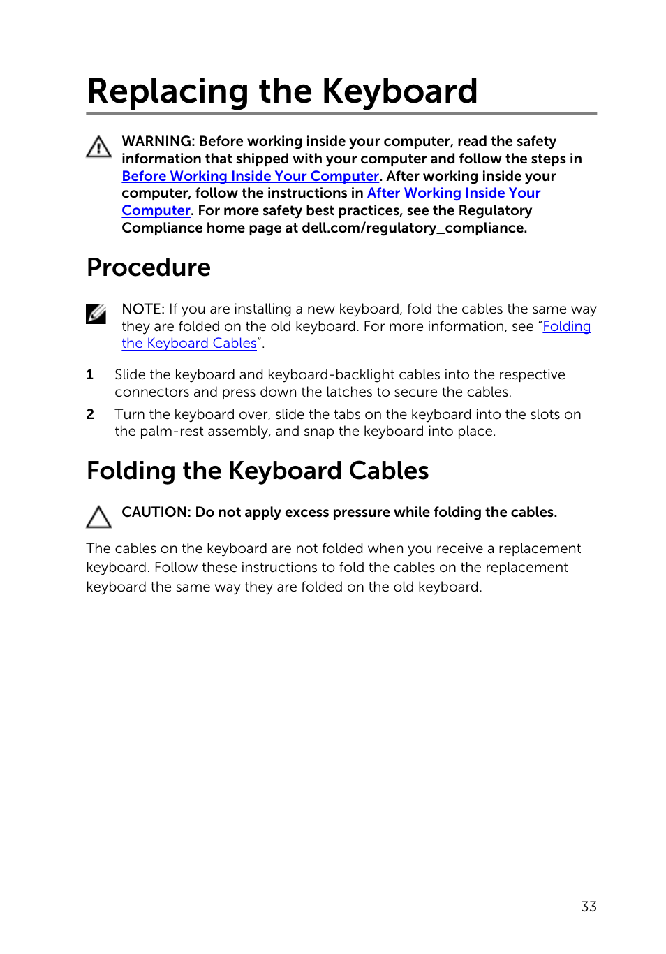 Replacing the keyboard, Procedure, Folding the keyboard cables | Dell Inspiron 15 (5547, Early 2014) User Manual | Page 33 / 89
