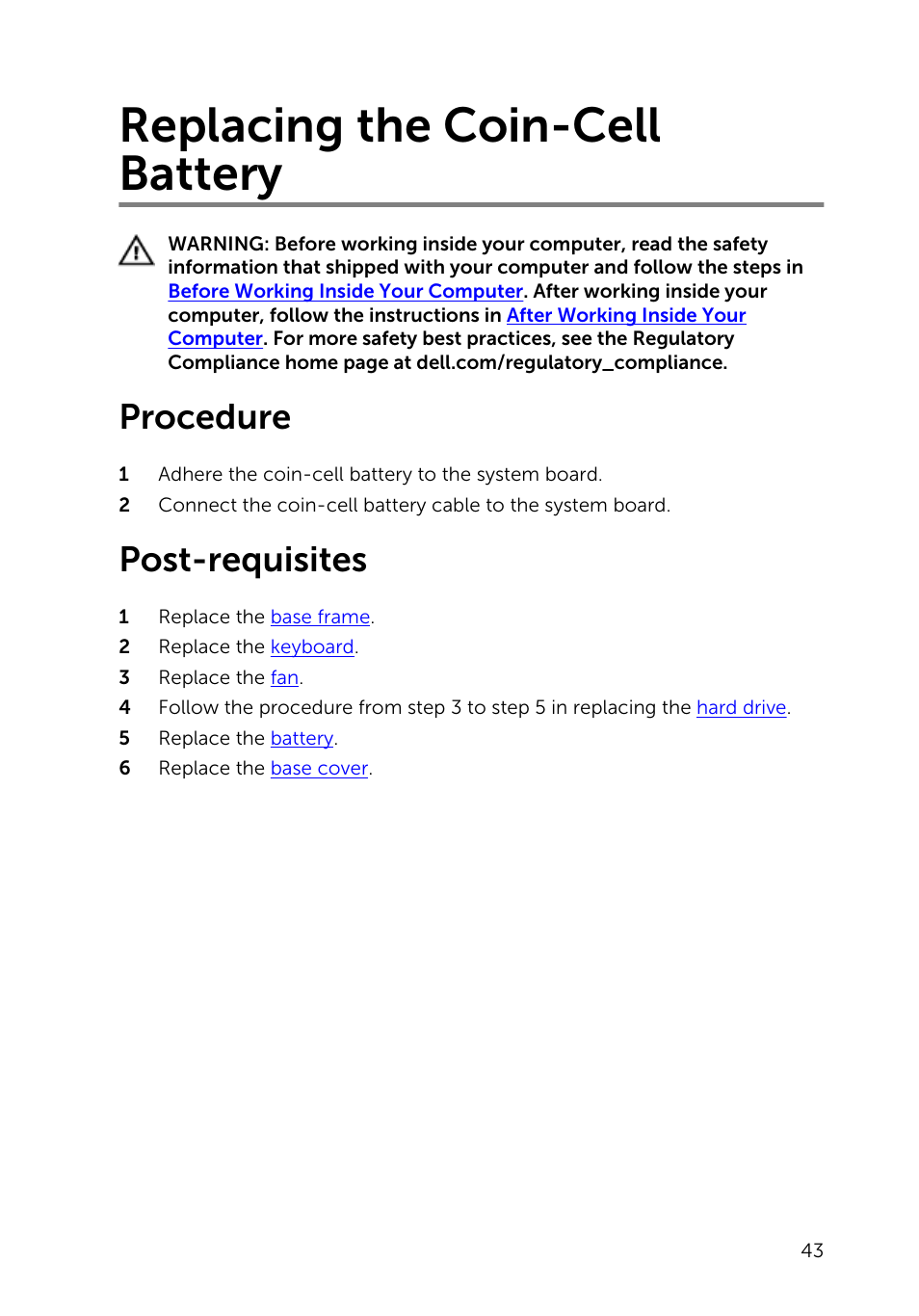 Replacing the coin-cell battery, Procedure, Post-requisites | Dell Inspiron 15 (5547, Early 2014) User Manual | Page 43 / 89