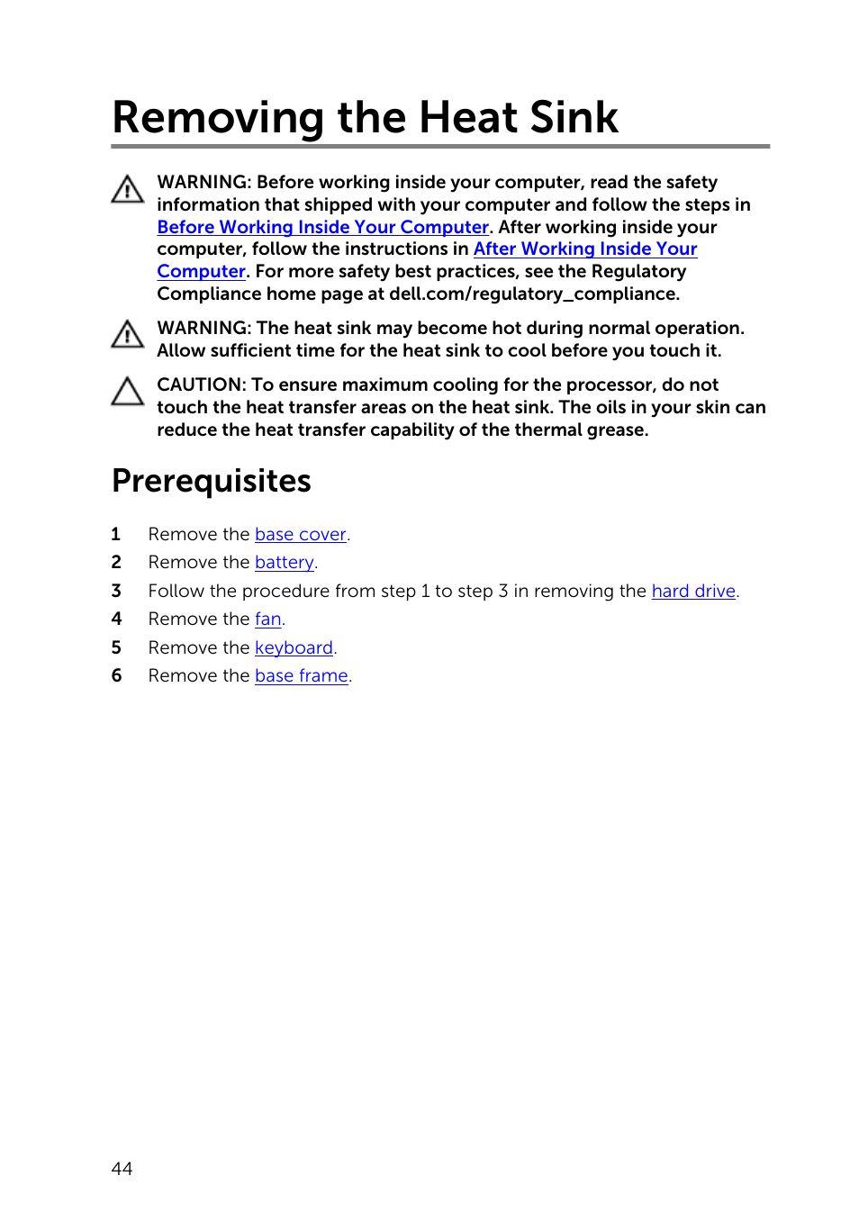 Removing the heat sink, Prerequisites | Dell Inspiron 15 (5547, Early 2014) User Manual | Page 44 / 89