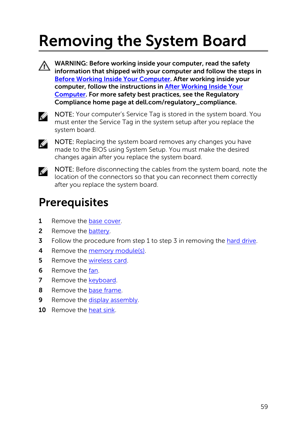 Removing the system board, Prerequisites | Dell Inspiron 15 (5547, Early 2014) User Manual | Page 59 / 89