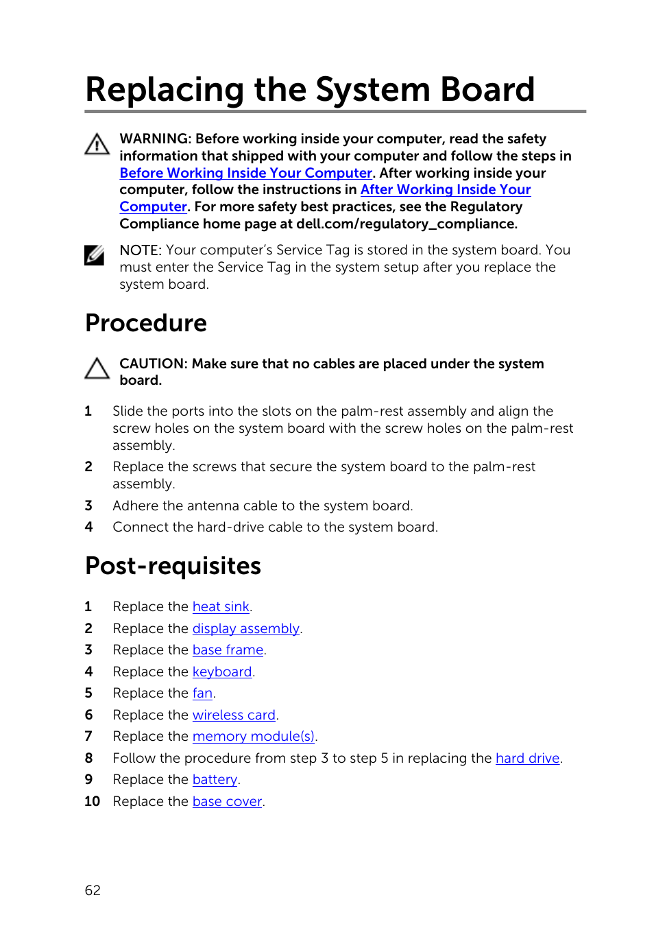 Replacing the system board, Procedure, Post-requisites | Dell Inspiron 15 (5547, Early 2014) User Manual | Page 62 / 89