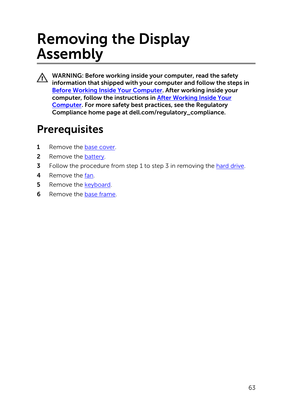Removing the display assembly, Prerequisites, Display assembly | Dell Inspiron 15 (5547, Early 2014) User Manual | Page 63 / 89