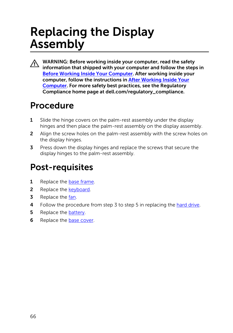 Replacing the display assembly, Procedure, Post-requisites | Display assembly | Dell Inspiron 15 (5547, Early 2014) User Manual | Page 66 / 89