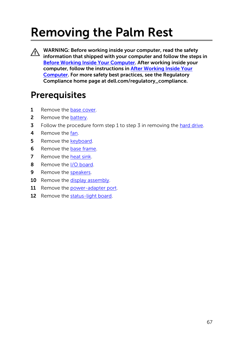 Removing the palm rest, Prerequisites | Dell Inspiron 15 (5547, Early 2014) User Manual | Page 67 / 89