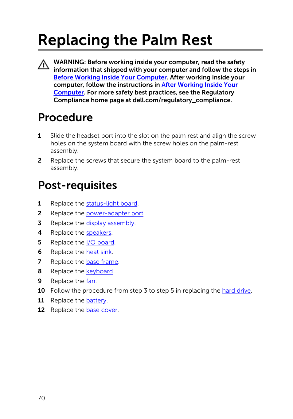 Replacing the palm rest, Procedure, Post-requisites | Dell Inspiron 15 (5547, Early 2014) User Manual | Page 70 / 89