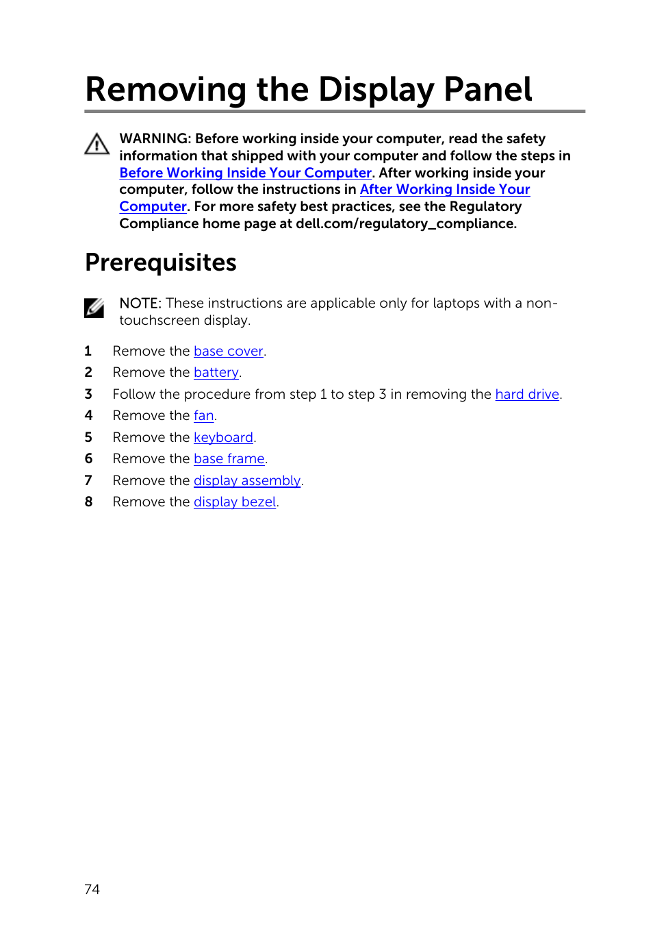 Removing the display panel, Prerequisites | Dell Inspiron 15 (5547, Early 2014) User Manual | Page 74 / 89