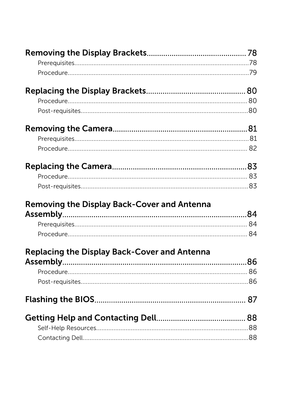Removing the display brackets, Replacing the display brackets, Removing the camera | Replacing the camera, Flashing the bios getting help and contacting dell | Dell Inspiron 15 (5547, Early 2014) User Manual | Page 8 / 89