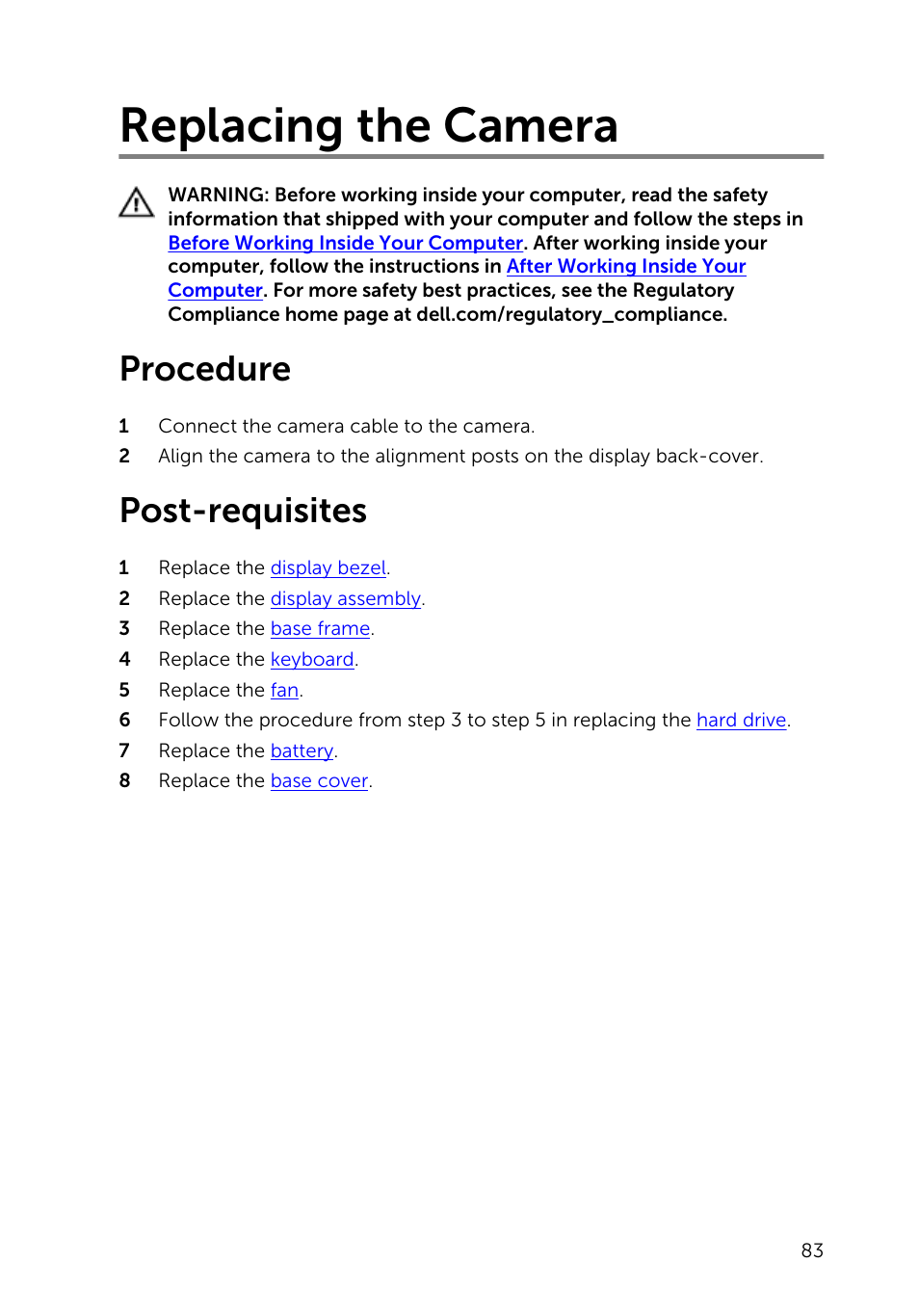 Replacing the camera, Procedure, Post-requisites | Dell Inspiron 15 (5547, Early 2014) User Manual | Page 83 / 89