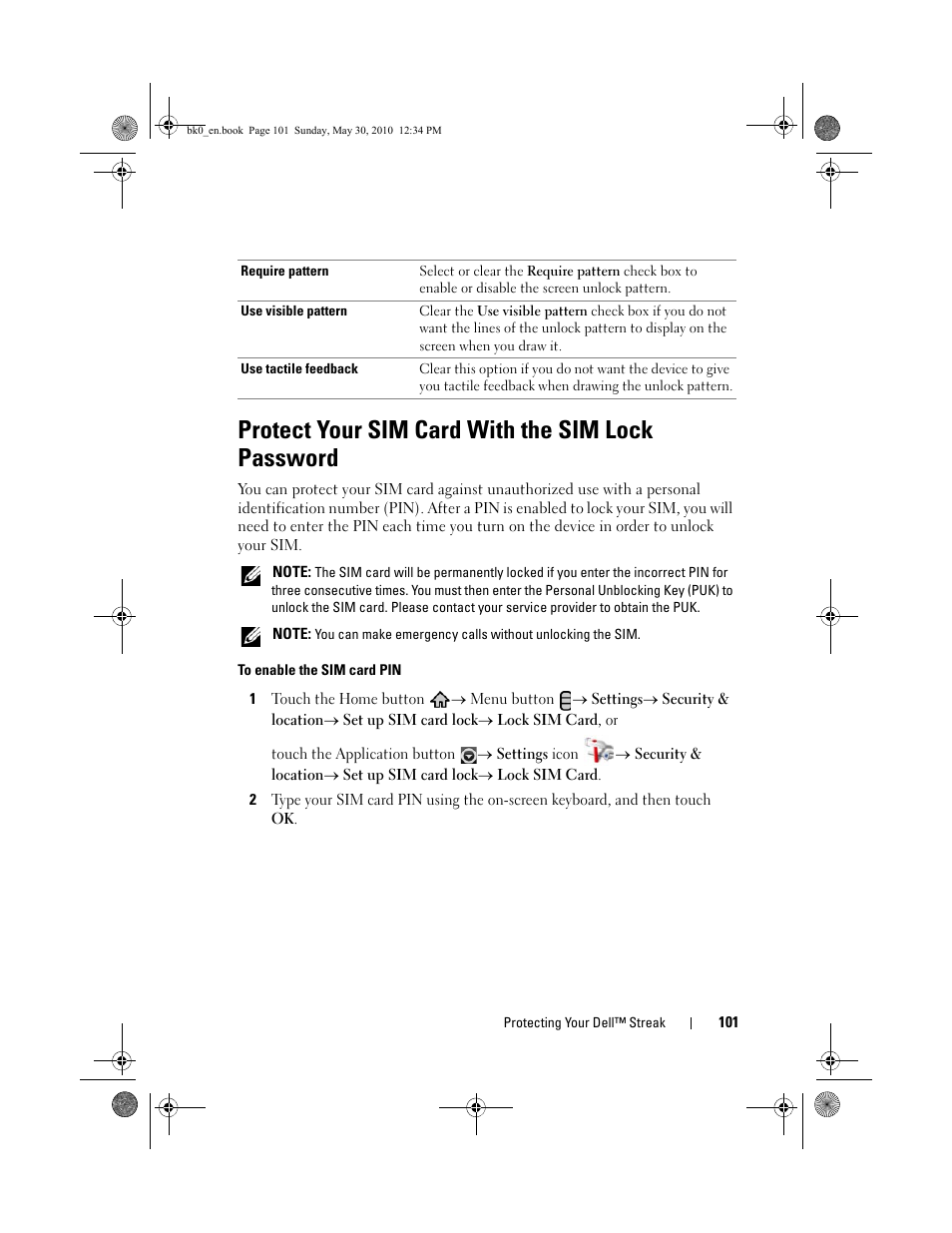 Protect your sim card with the sim lock password, Protect your sim card with the  sim lock password | Dell STREAK mobile User Manual | Page 101 / 140