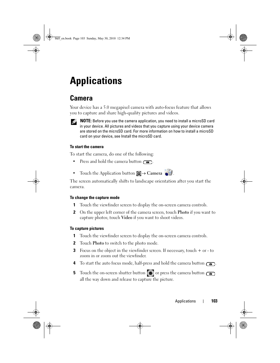 Applications, Camera | Dell STREAK mobile User Manual | Page 103 / 140