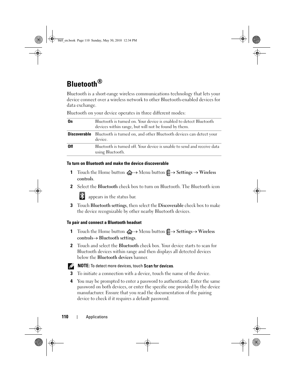 Bluetooth | Dell STREAK mobile User Manual | Page 110 / 140