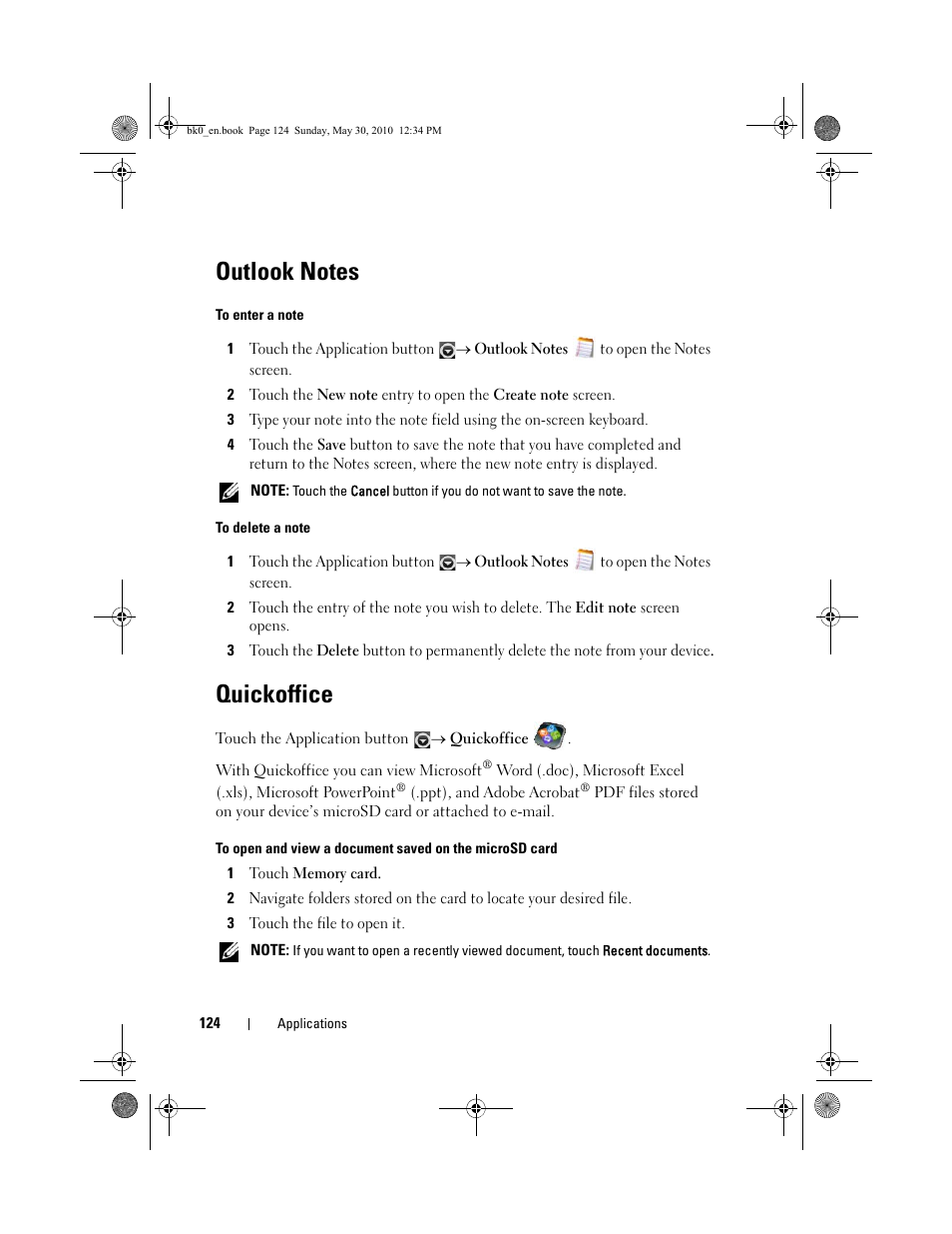 Outlook notes, Quickoffice | Dell STREAK mobile User Manual | Page 124 / 140