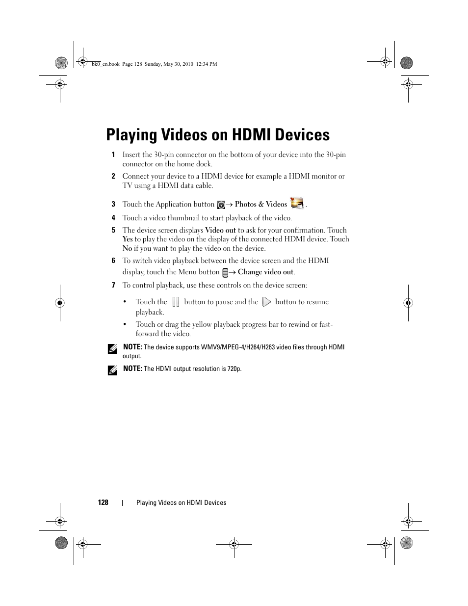 Playing videos on hdmi devices | Dell STREAK mobile User Manual | Page 128 / 140