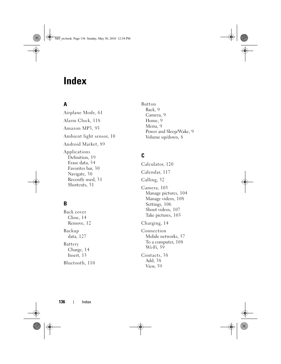 Index | Dell STREAK mobile User Manual | Page 136 / 140