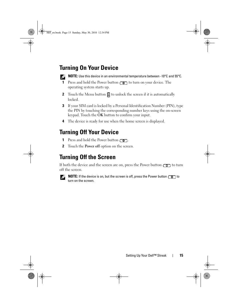 Turning on your device, Turning off your device, Turning off the screen | Dell STREAK mobile User Manual | Page 15 / 140