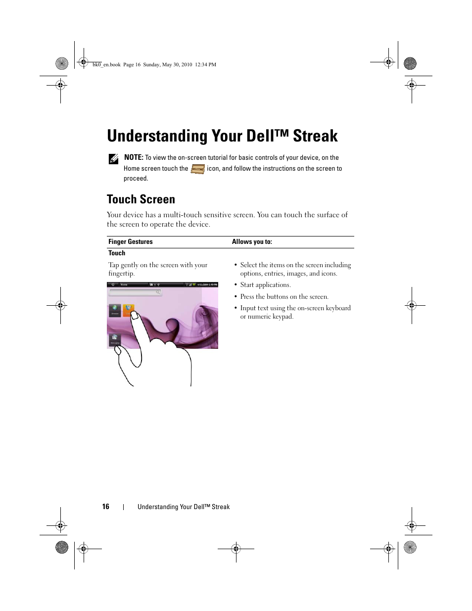 Understanding your dell™ streak, Touch screen | Dell STREAK mobile User Manual | Page 16 / 140