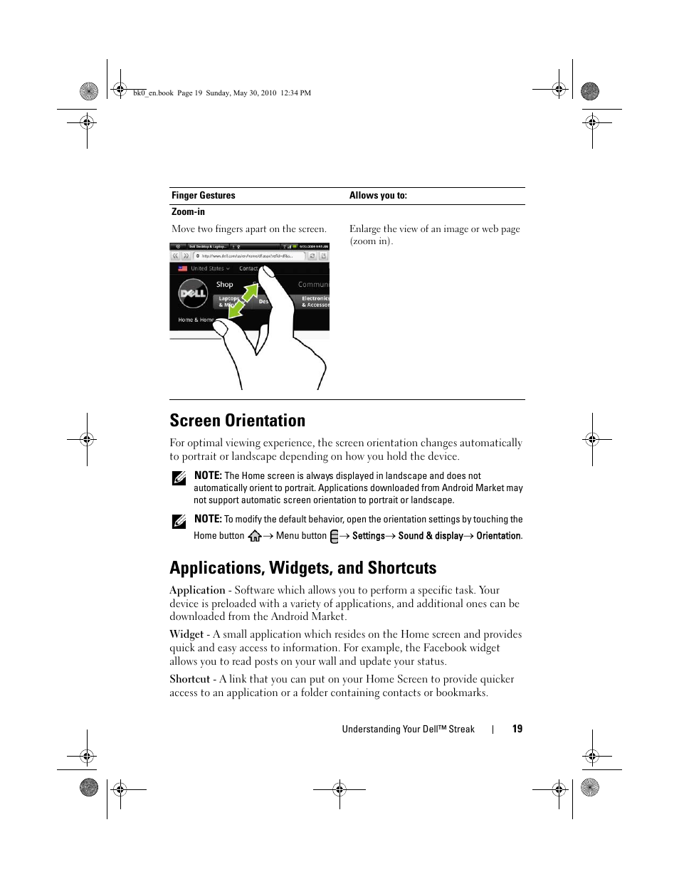 Screen orientation, Applications, widgets, and shortcuts | Dell STREAK mobile User Manual | Page 19 / 140