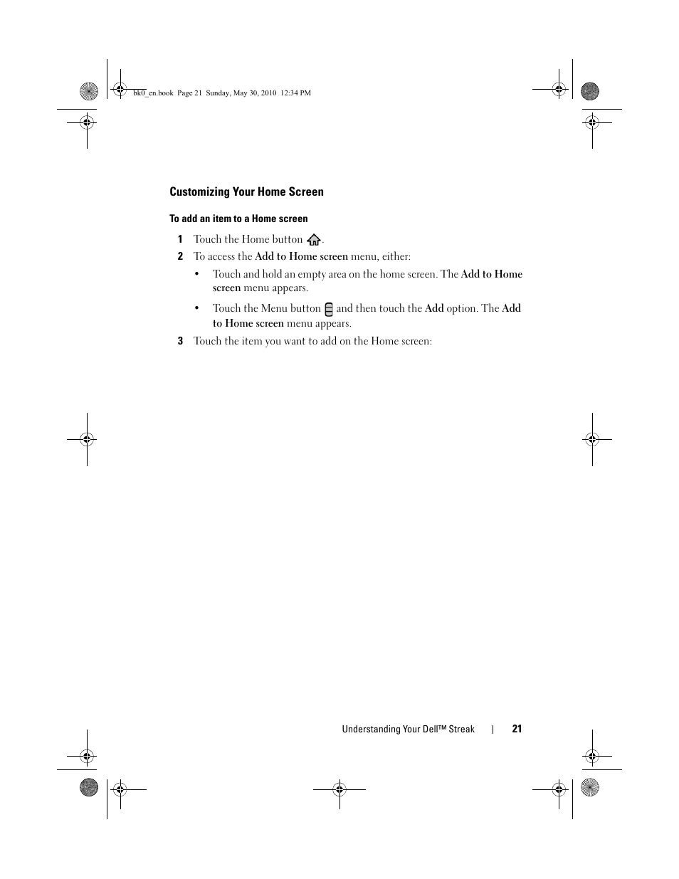 Customizing your home screen | Dell STREAK mobile User Manual | Page 21 / 140