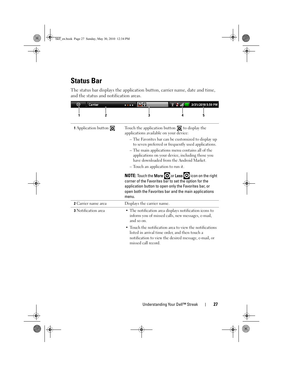 Status bar | Dell STREAK mobile User Manual | Page 27 / 140