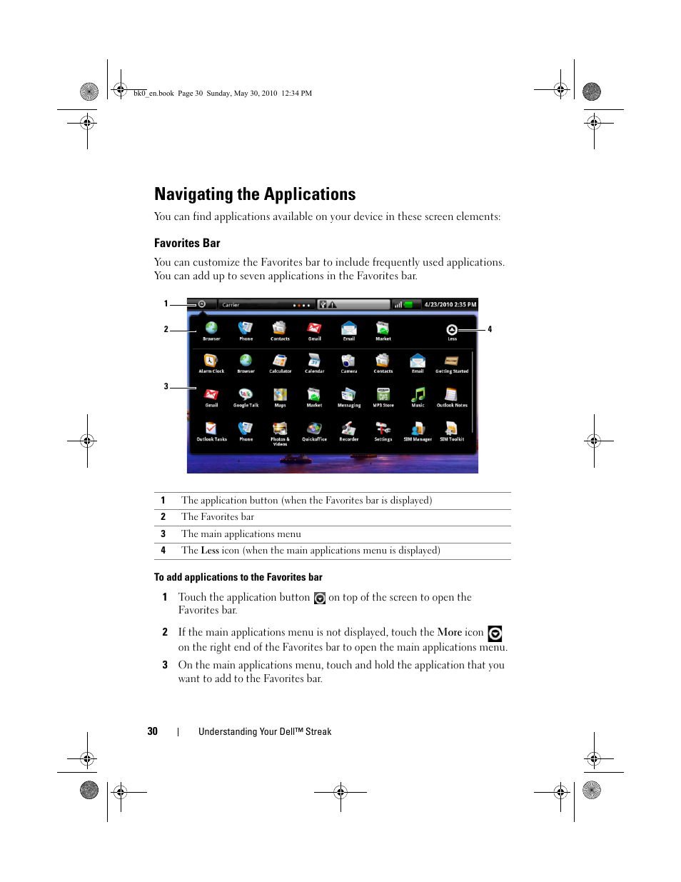 Navigating the applications, Favorites bar | Dell STREAK mobile User Manual | Page 30 / 140