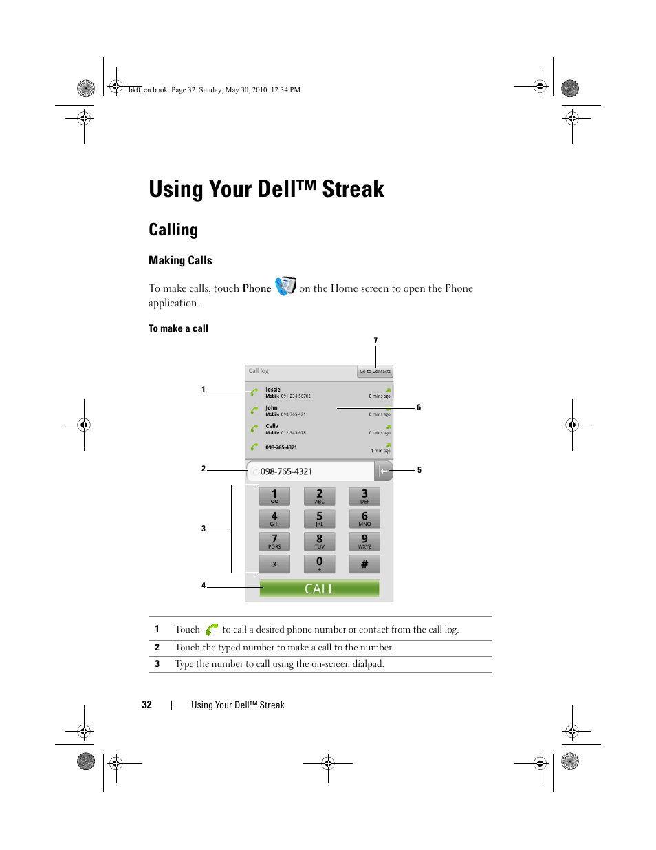 Using your dell™ streak, Calling, Making calls | Dell STREAK mobile User Manual | Page 32 / 140