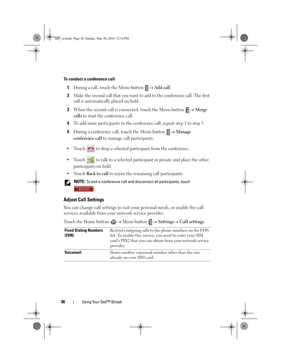 Adjust call settings | Dell STREAK mobile User Manual | Page 36 / 140