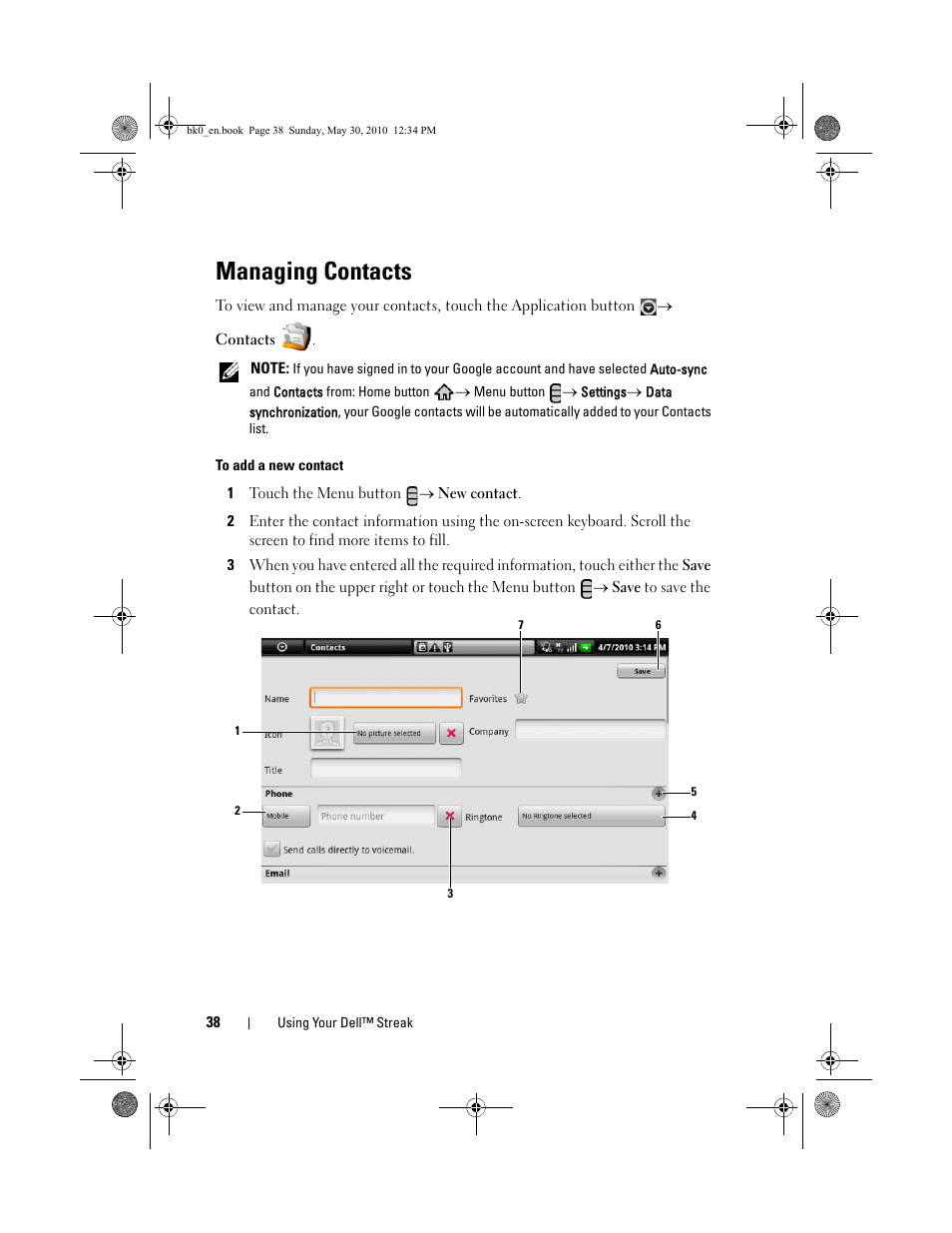 Managing contacts | Dell STREAK mobile User Manual | Page 38 / 140
