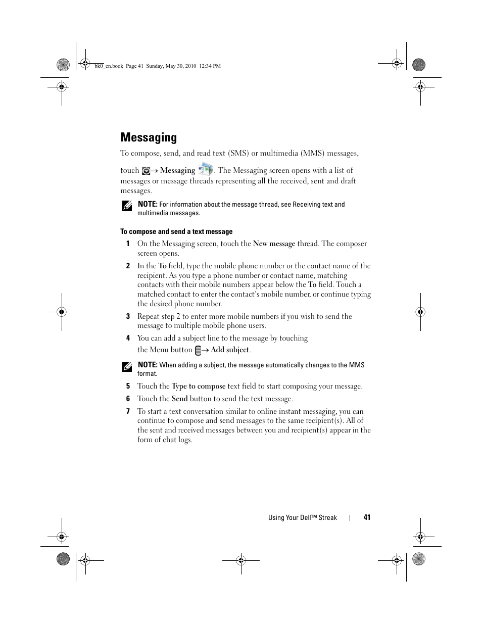 Messaging | Dell STREAK mobile User Manual | Page 41 / 140