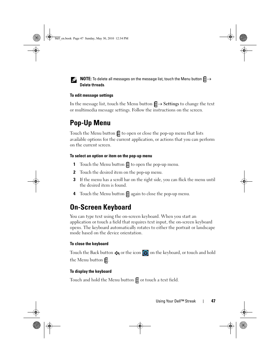 Pop-up menu, On-screen keyboard | Dell STREAK mobile User Manual | Page 47 / 140