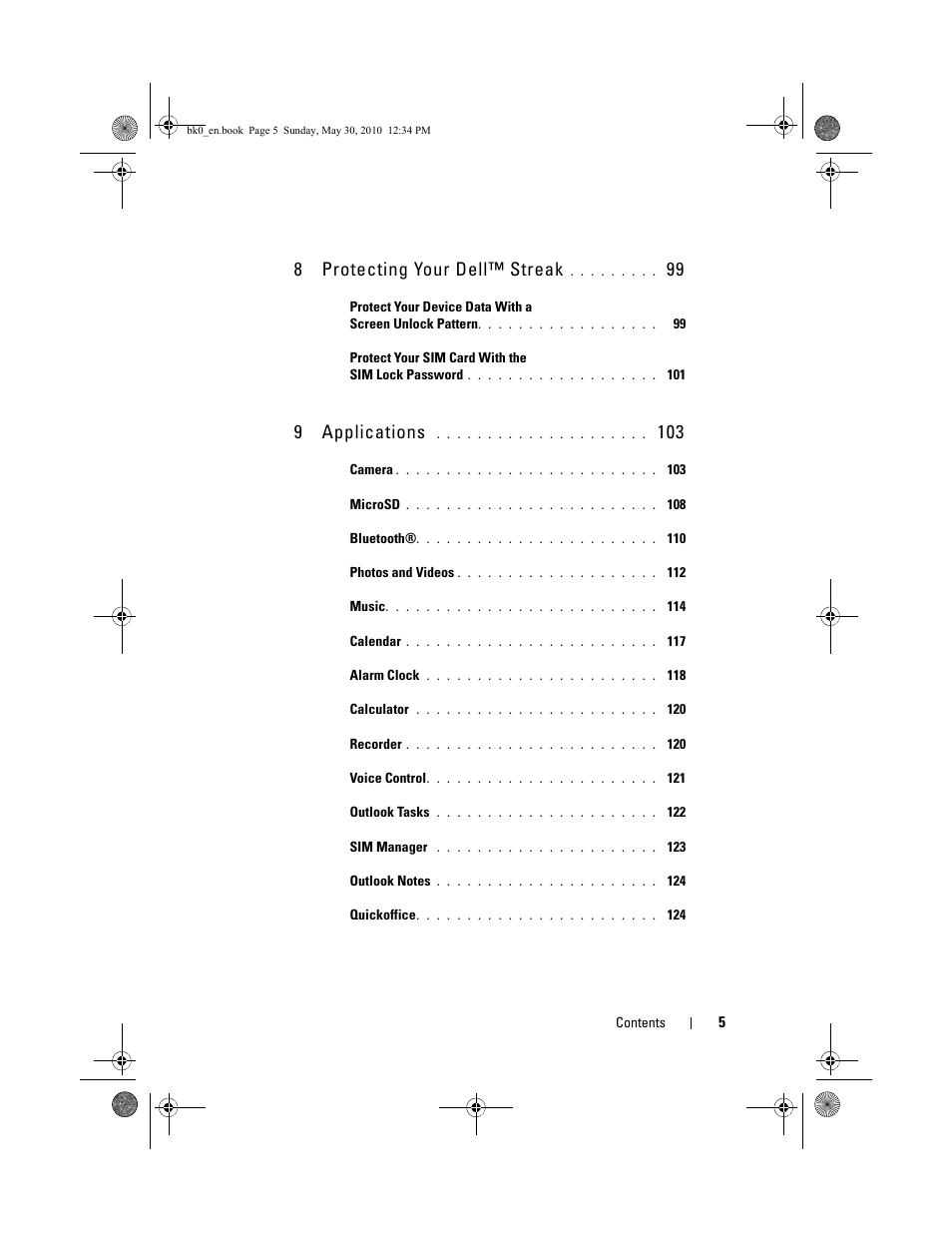 8 protecting your dell™ streak, 9 applications | Dell STREAK mobile User Manual | Page 5 / 140